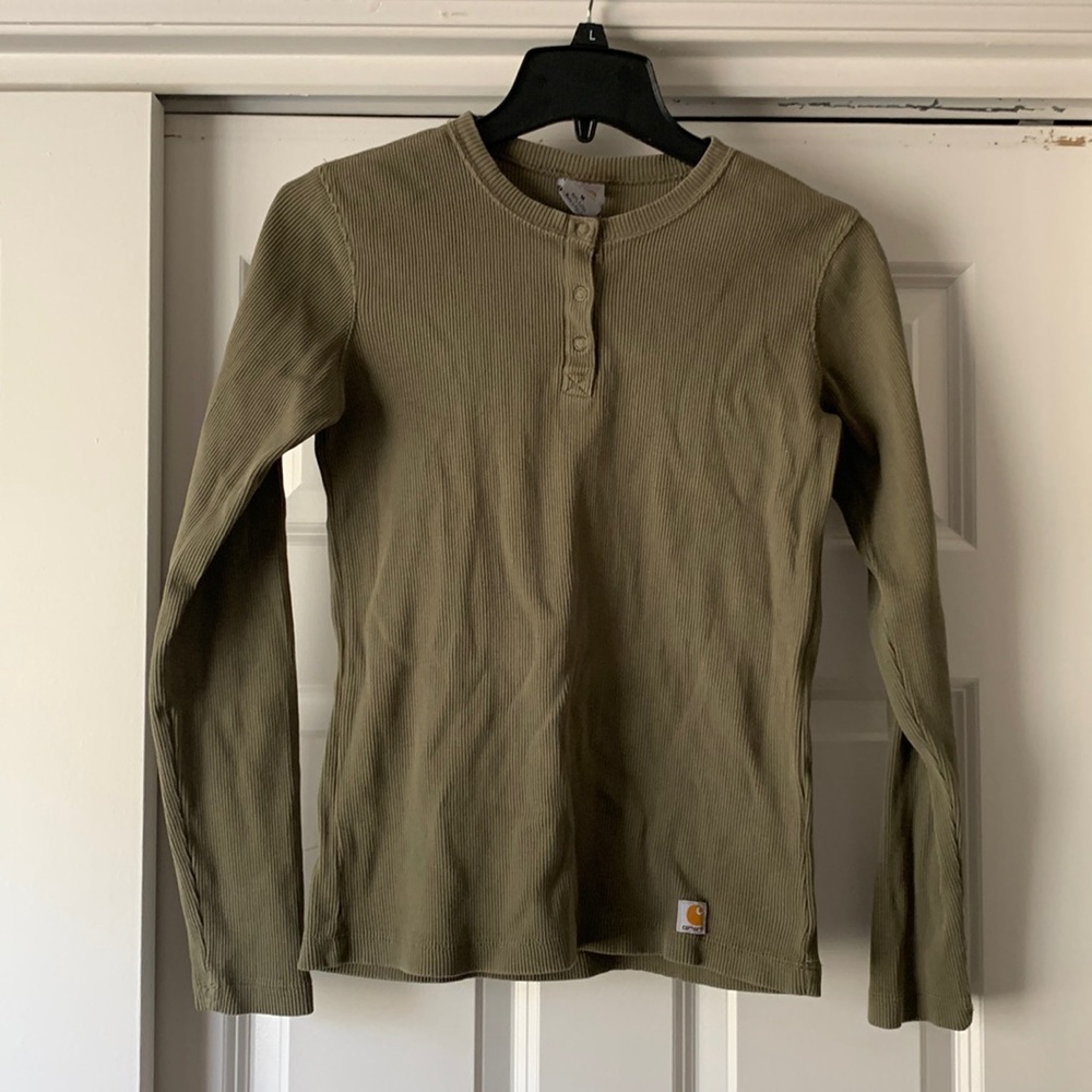 Women’s long sleeve olive green Henley shirt